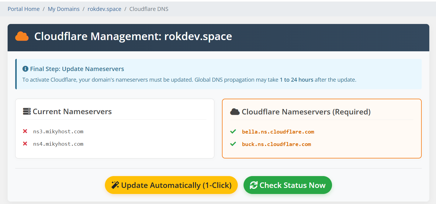 Modules Cloudflare DNS Pro WHMCS - Automatic Nameserver Confirmation & Update Page