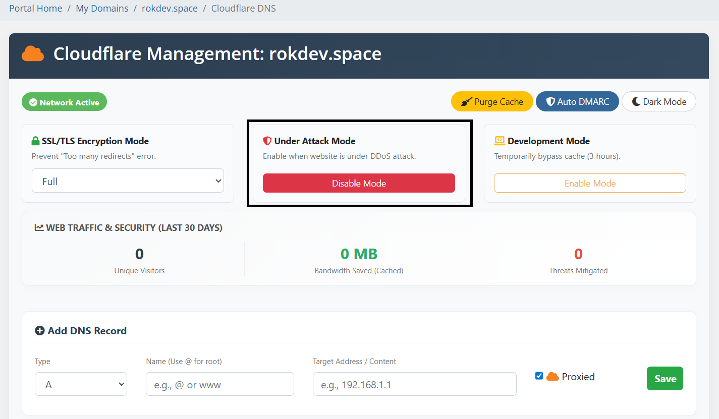 Modules Cloudflare DNS Pro WHMCS - Anti-DDoS Panic Button: Instant Defense in One Click!