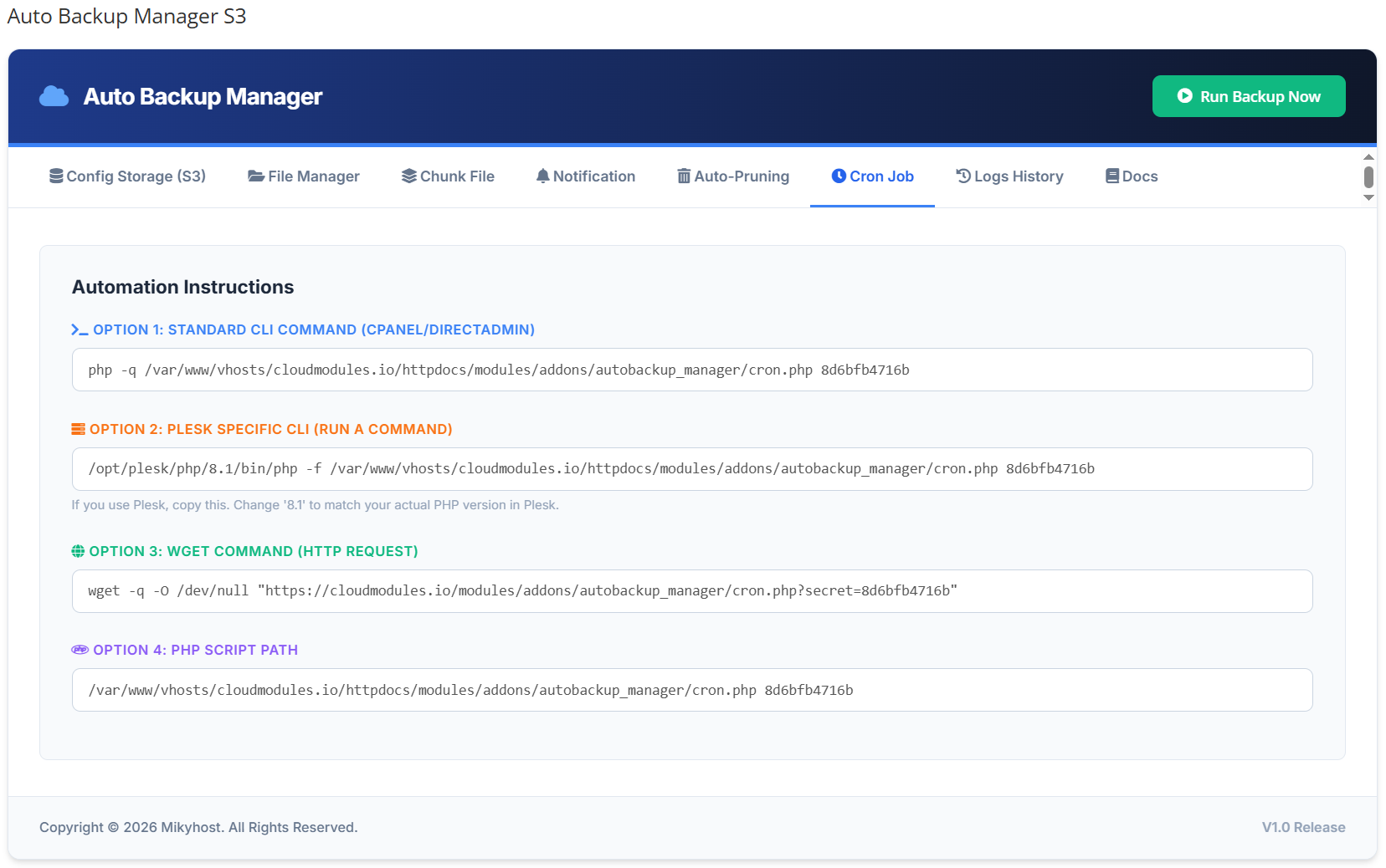 Modules Auto Backup Manager s3 WHMCS - Automated Scheduling via Cron Jobs