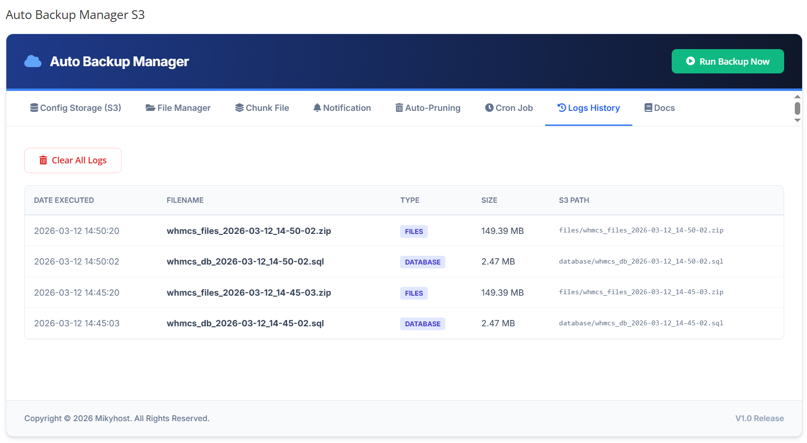 Modules Auto Backup Manager s3 WHMCS - Comprehensive Logs & Audit Trail